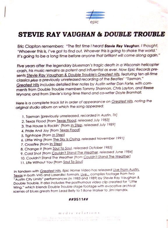 Stevie Ray Vaughan Greatest Hits Press Pack
