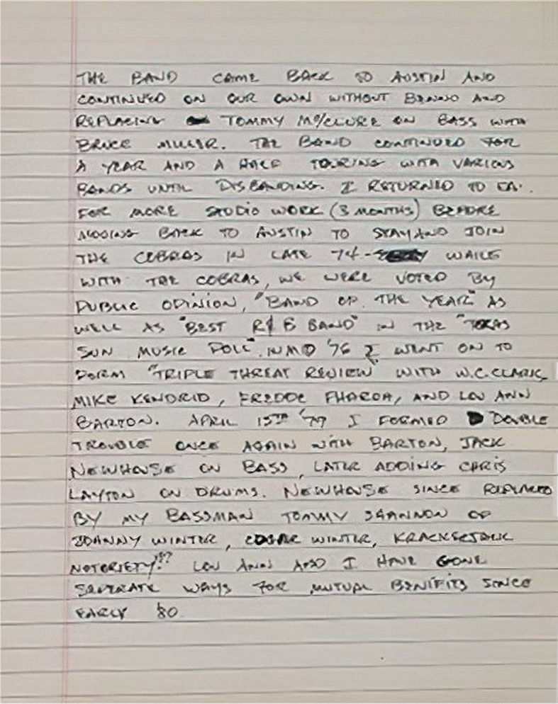Stevie Ray Vaughan Handwritten Biography