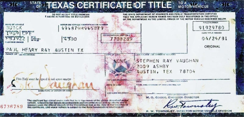 Stevie Ray Vaughan Buick Certificate of Title
