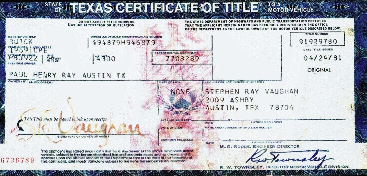 Stevie Ray Vaughan Buick Certificate of Title