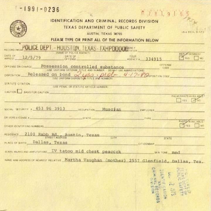 Stevie Ray Vaughan 1979 Charge Sheet