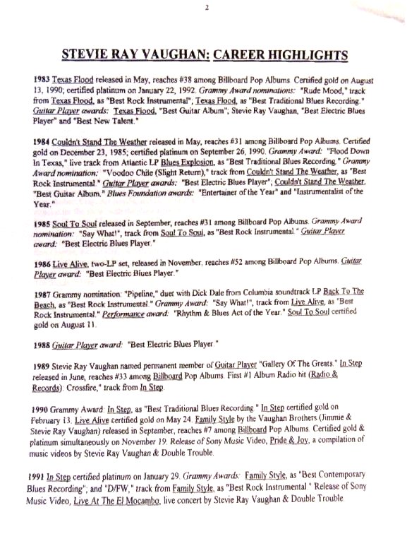 Stevie Ray Vaughan Greatest Hits Press Pack