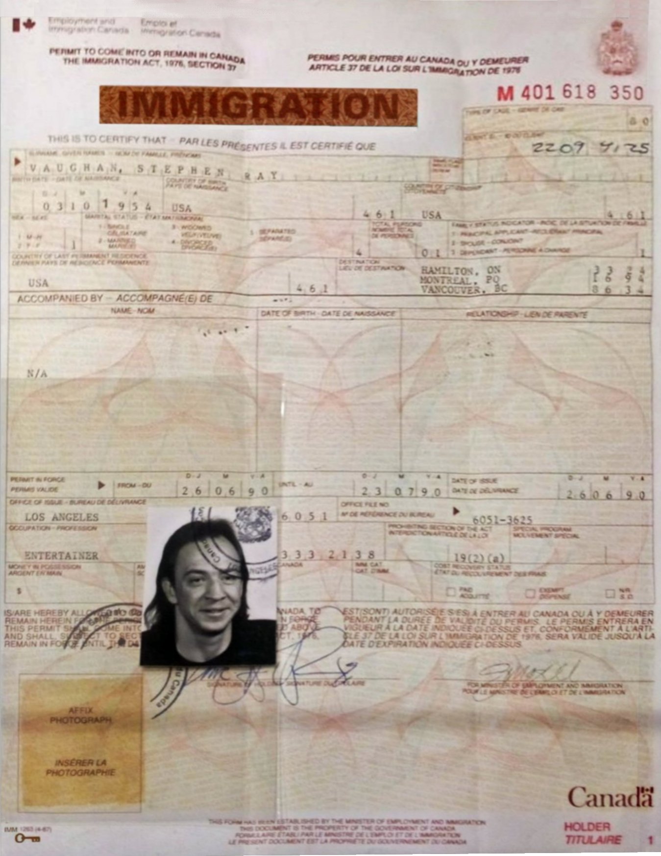 Stevie Ray Vaughan Certificate of Immigration