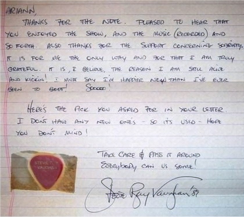 Stevie Ray Vaughan Handwritten Note