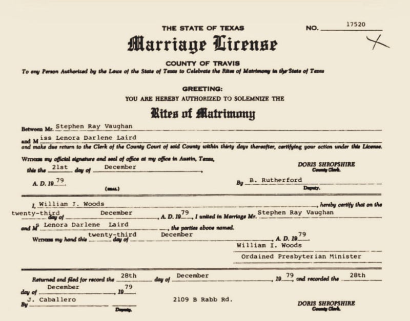 Stevie Ray Vaughan's Marriage Certificate