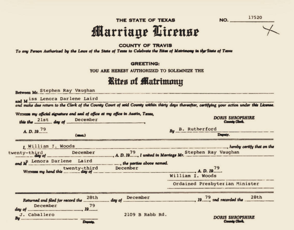 Stevie Ray Vaughan's Marriage Certificate