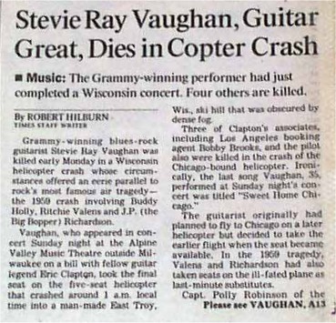 Stevie Ray Vaughan Death Newspaper Report