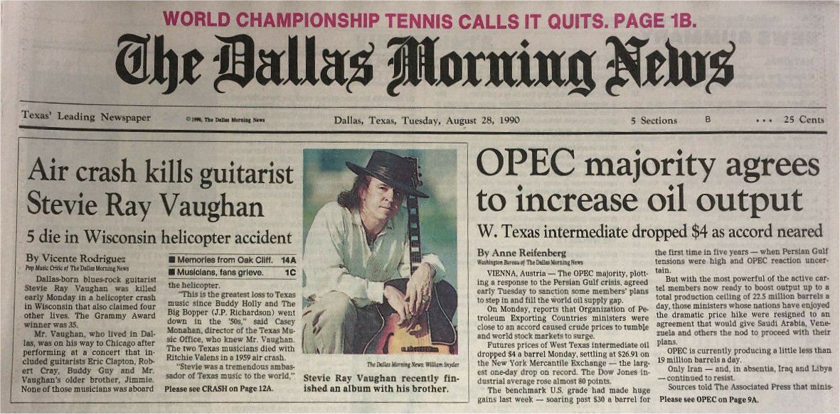 Stevie Ray Vaughan - Dallas Morning News Death Report