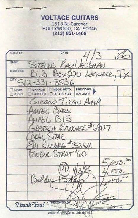 Stevie Ray Vaughan Guitar Receipt