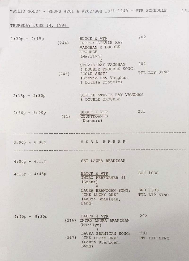 Itinerary for Solid Gold TV Show Recording