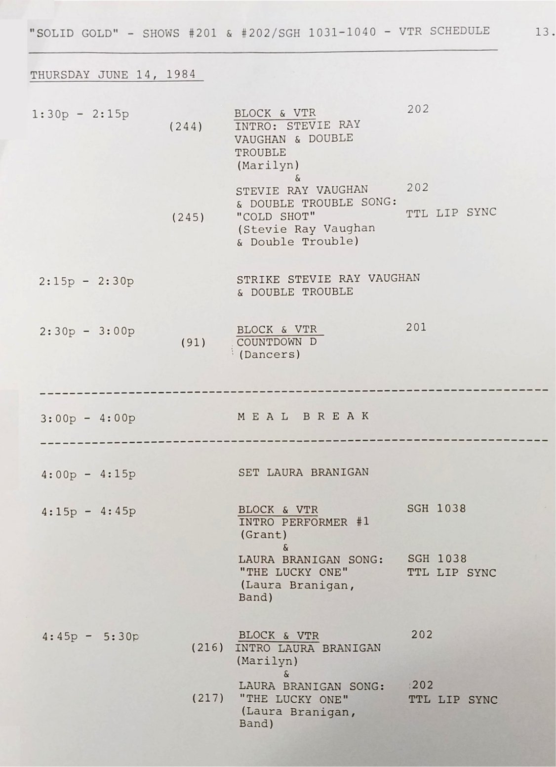 Itinerary for Solid Gold TV Show Recording