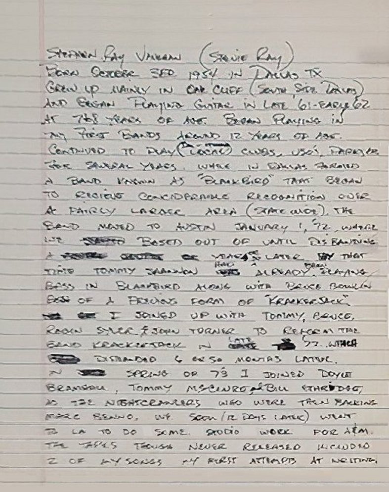 Stevie Ray Vaughan Handwritten Biography