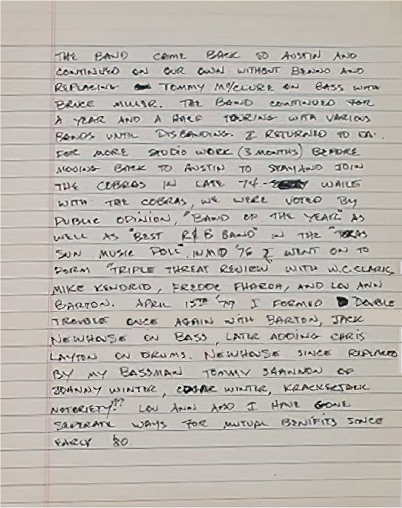 Stevie Ray Vaughan Handwritten Biography