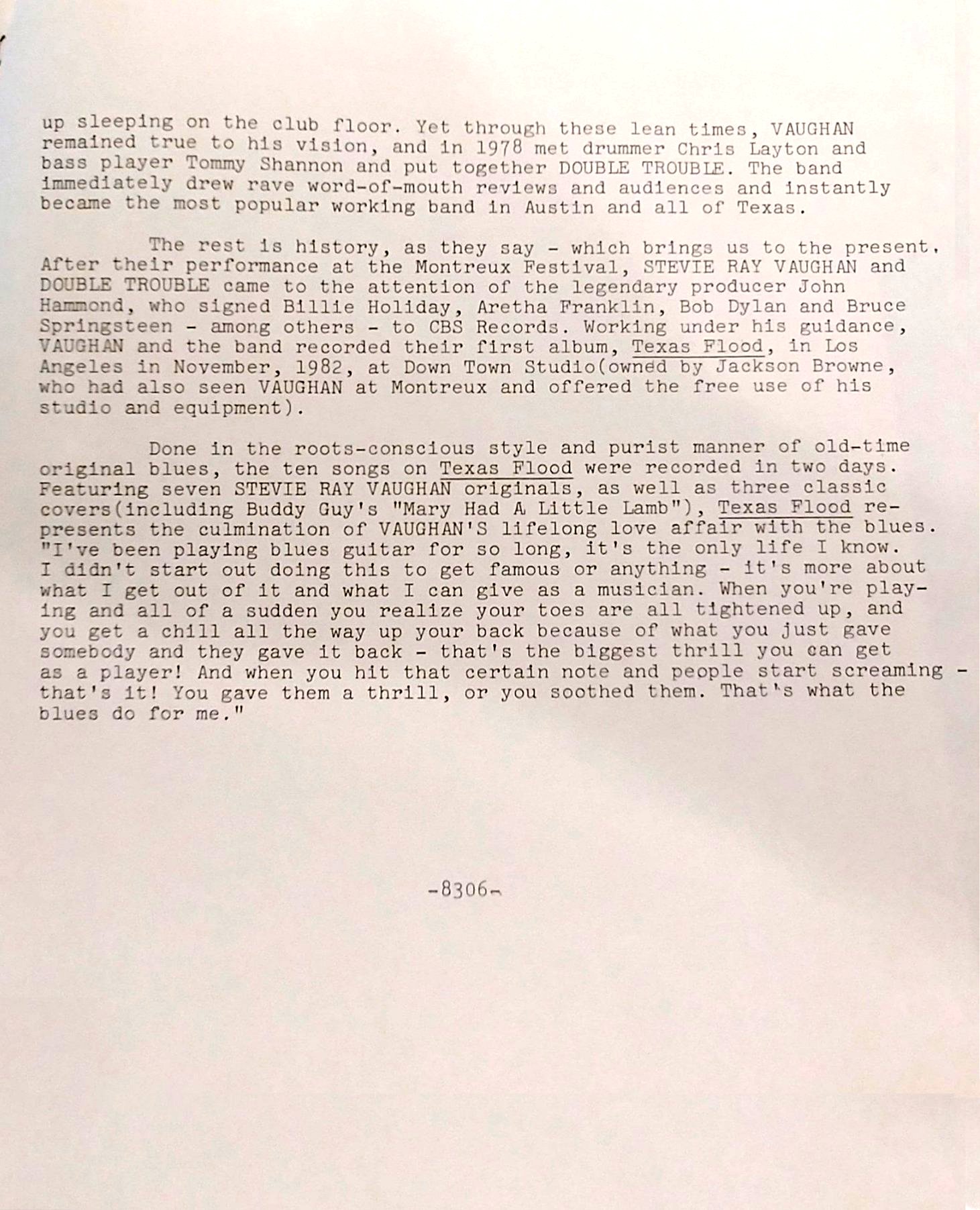 Stevie Ray Vaughan - Texas Flood Press Release